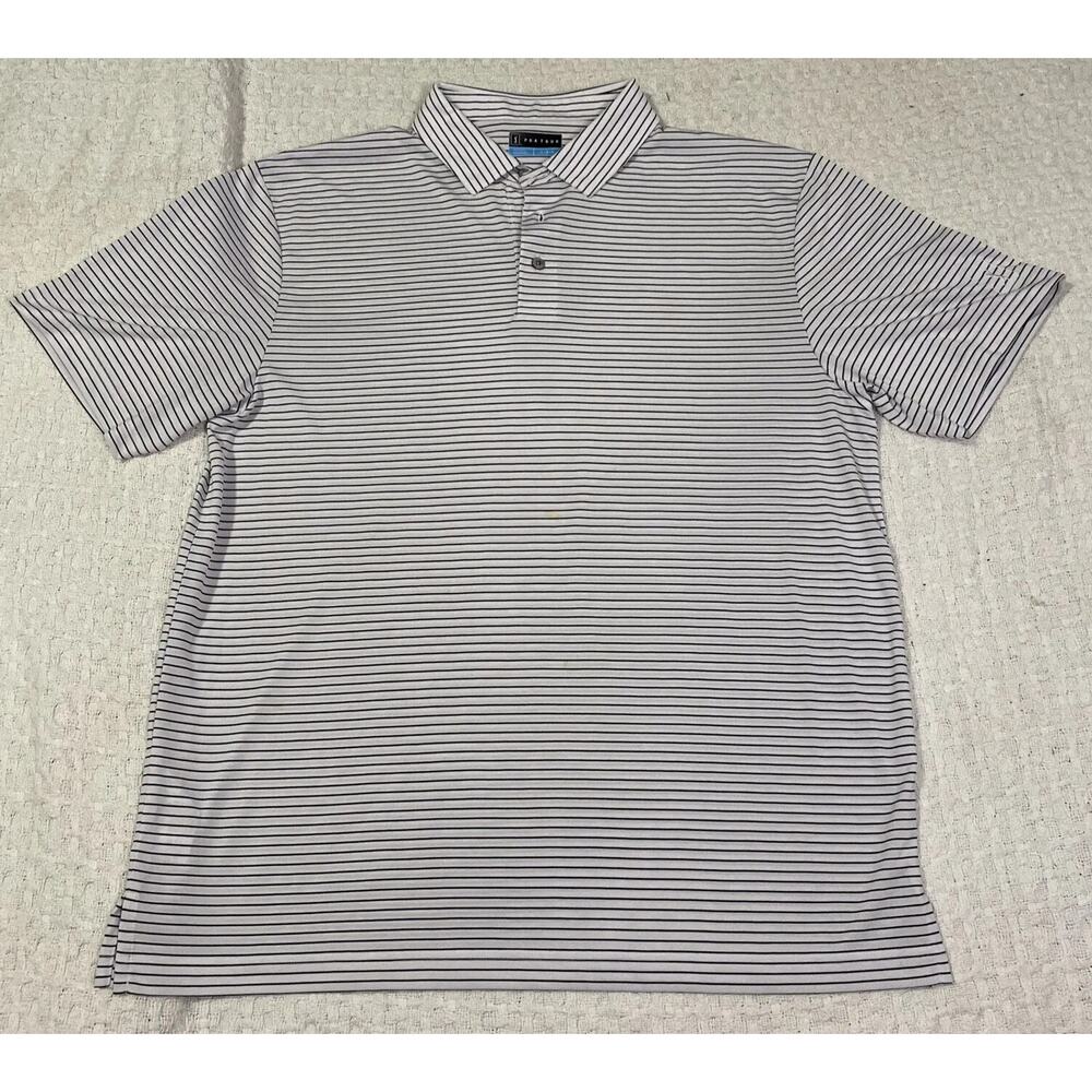 PGA TOUR Golf Polo Striped Shirt Size Men's Large 100% Polyester Black and White